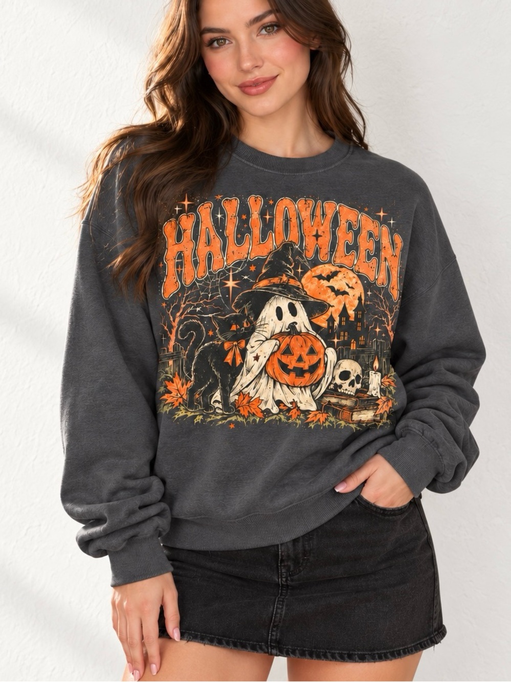Halloween Ghost Witch Black Cat Charcoal Spooky Fall Comfort Colors Sweatshirt